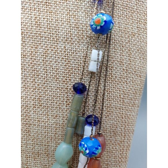 Long Multi Strand Glass Mixed Bead Necklace Dark Gold Tone Chains Colorful 28" - Picture 5 of 7